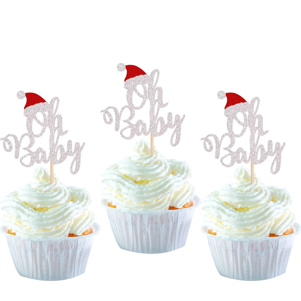 24 Pack Christmas Oh Baby Cupcake Toppers with Christmas Hat Glitter Baby Shower Cupcake Food Picks for Baby Shower Boys Girls Kids Birthday Party Cake Decorations Supplies
