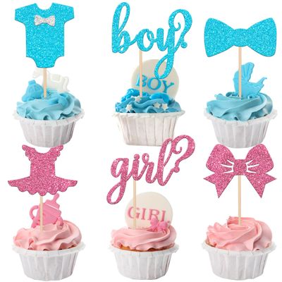 24 Pack Boy or Girl Cupcake Toppers Pink and Blue Glitter Baby Shower Cupcake Picks Bow Tie Onesie Jumpsuit Cake Topper Decorations for Gender Reveal Theme Baby Shower Kids Birthday Party Supplies