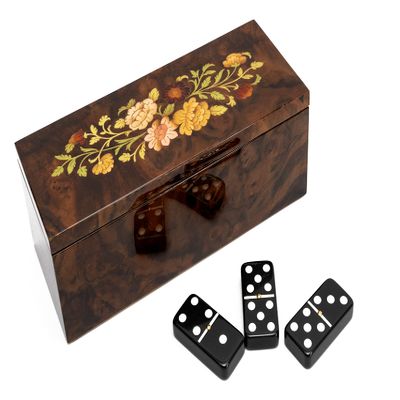 Bello Collezioni - Via Vicarisi Luxury Double Six Black Professional Jumbo Size Tournament Dominoes Set with Uniquely Artistic Inlays from Italy in a Burl Wood Case