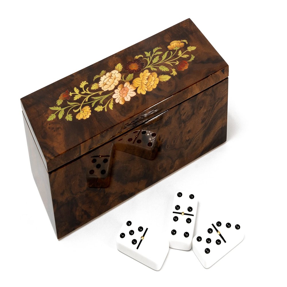 Bello Collezioni - Via Vicarisi Luxury Double Six White Dominoes Set with Uniquely Artistic Inlays from Italy in a Burl Wood Case