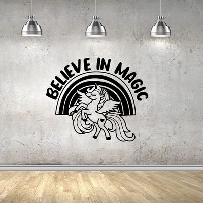 Believe In Magic Rainbow Unicorn Magical Unicorns Wall Sticker Art Decal for Girls Boys Kids Room Bedroom Nursery Kindergarten House Fun Home Decor Stickers Wall Art Vinyl Decoration Size (8x10 inch)