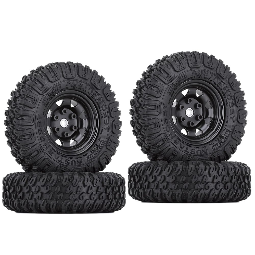 WONFAST 4PCS 1.55 inch 85mm Rubber Terrain Crawler Tires Metal Beadlock Wheel Rims Tires Set Compatible with 1/10 RC Crawler Car Axial AX90069 D90 TF2 Tamiya CC01 LC70 MST JIMNY (Black)