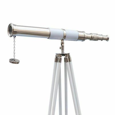 SIFAAT WORLD 60" Floor Standing Admirals Chrome White Leather Telescope with Beautiful Wooden Tripod Stand; Fully Functional Nautical Home Decor Vintage Telescopes