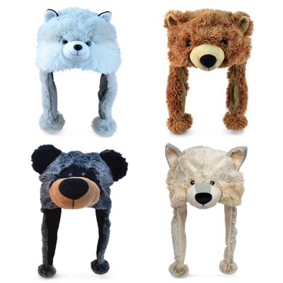 DolliBu Bears and Dogs Animal Plush Hat Set of 4 Super Soft Black Bear, Wolf, Grizzly, Husky Warm Hats with Ear Flaps, Cute Stuffed Animals Toy Hats, Cozy Fleece Winter Hat for All Ages - 1 Size