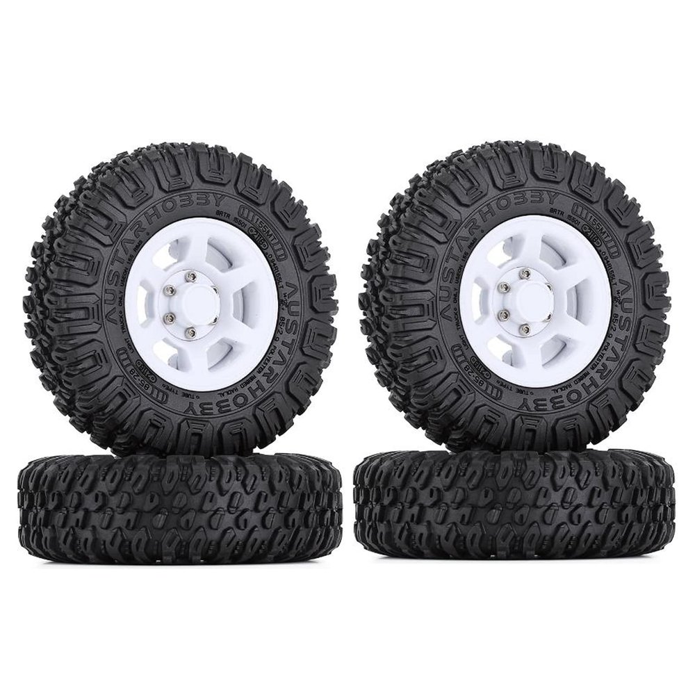WONFAST 4PCS 1.55inch Tyres Beadlock Plastic Wheel Rims Hub Rubber Tires Set Compatible with 1:10 RC Crawler Axial AX90069 D90 TF2 Tamiya CC01 LC70 MST JIMNY (White)