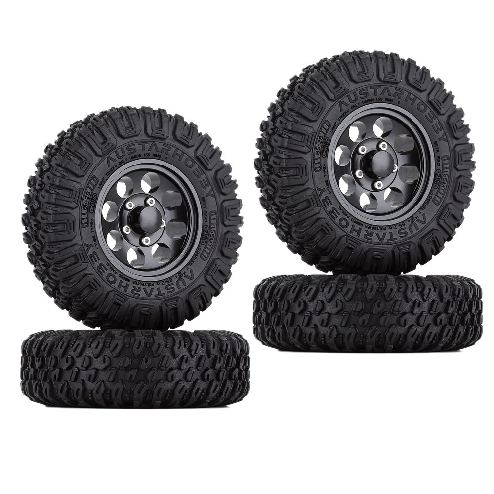 WONFAST 4PCS 1.55inch Tyres Beadlock Plastic Wheel Rims Hub Rubber Tires Set Compatible with 1:10 RC Crawler Axial AX90069 D90 TF2 Tamiya CC01 LC70 MST JIMNY (Black)