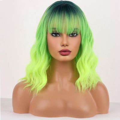 WTHCOS Neon Green Wigs for Women Short Curly Wavy Lime Green wig for Girls Short Bob Wig With Bangs Heat Resistant Synthetic Wigs for Cosplay Costume Party (Green Ombre Wig)