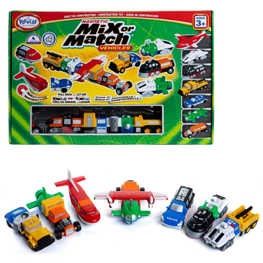 Popular Playthings Magnetic Vehicles for Toddlers 1-3, Mix or Match Car Toys, 21 Piece Gift for Kids - Vehicles Green