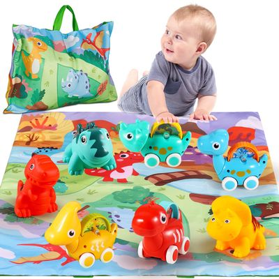 ALASOU 7 PCS Dinosaur Fantastic Creatures Car Toys for 1 Year Old Boy with Playmat/Storage Bag|Baby Toys 1 Year Old Boy Gifts for Toddler Toys 1-2|1st Birthday Gift for Infant 12 18 Months