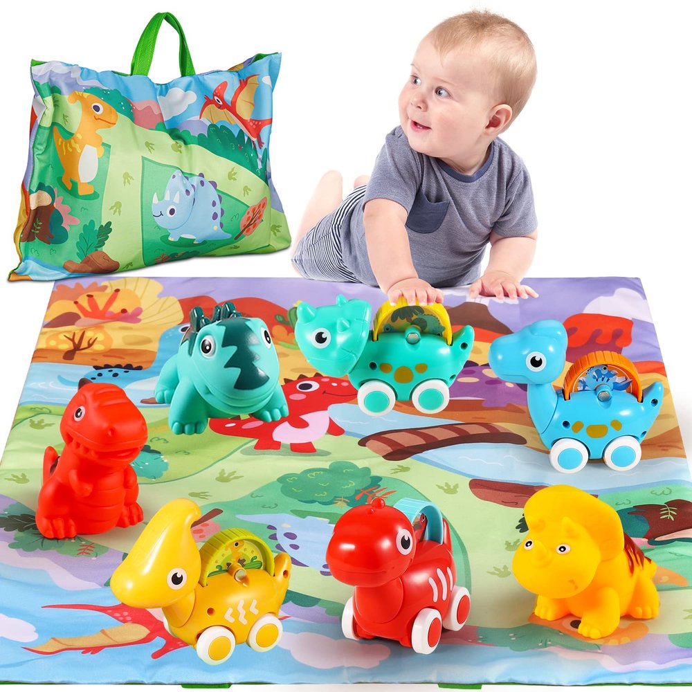 ALASOU 7 PCS Dinosaur Fantastic Creatures Car Toys for 1 Year Old Boy with Playmat/Storage Bag|Baby Toys 1 Year Old Boy Gifts for Toddler Toys 1-2|1st Birthday Gift for Infant 12 18 Months
