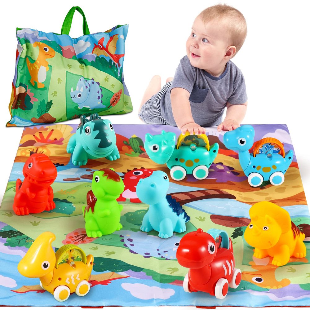 ALASOU 9 PCS Dinosaur Fantastic Creatures Car Toys for 1 Year Old Boy with Playmat/Storage Bag|Baby Toys 1 Year Old Boy Gifts for Toddler Toys 1-2|1st Birthday Gift for Infant 12 18 Months