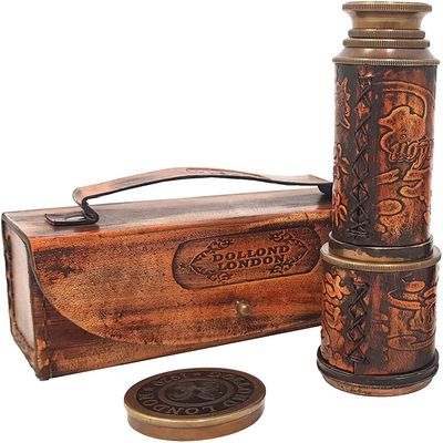 Antique Working Telescope/Spyglass Replica in Leather Box, with Glass Optics, Extendable to 14 inches, Made of Pure Brass, Decorative Kids Scope