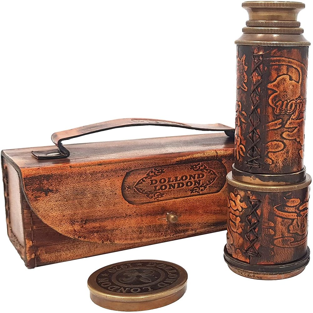 Antique Working Telescope/Spyglass Replica in Leather Box, with Glass Optics, Extendable to 14 inches, Made of Pure Brass, Decorative Kids Scope