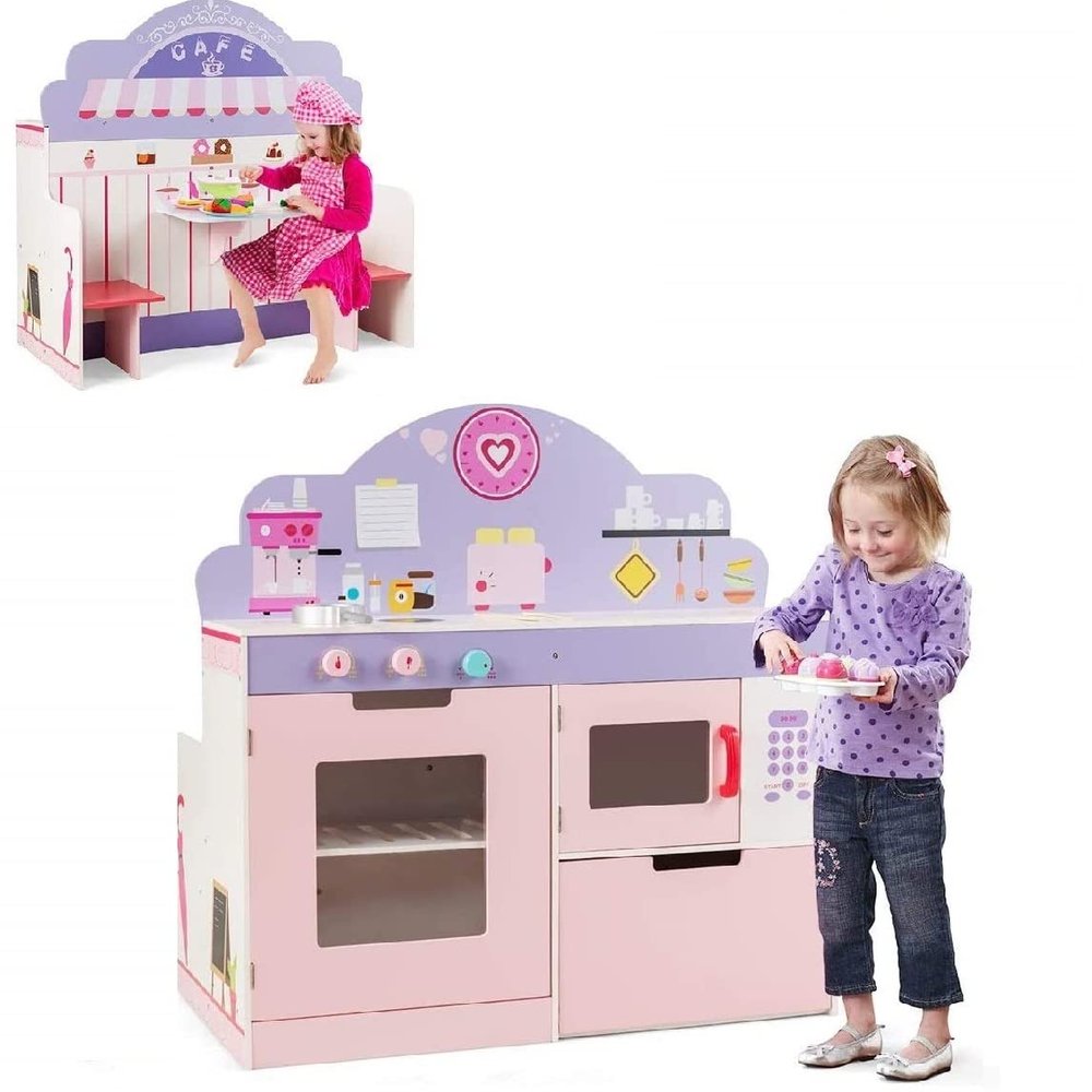 FFlyer 2-in-1 Kids Kitchen Playset & Dining Table Set, Double Sided Wooden Pretend Cooking Playset w/Simulated Stove Oven Microwave, Cafe Restaurant Playset w/Table & 2-Seater, Best Gift for Kids