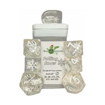 Happy Holi-Dice: Diffusion Falling Snow - Set of 7 Game dice w/ Arch'd4 and Symbols