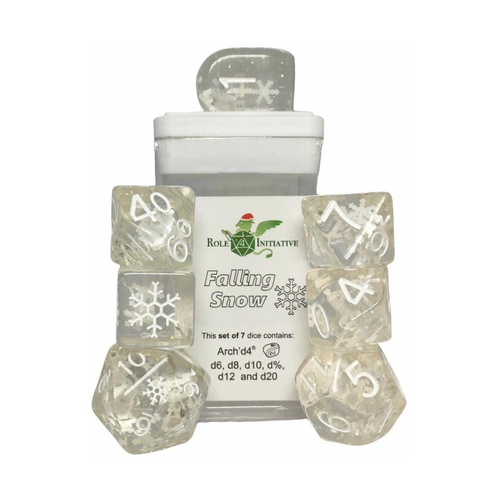 Happy Holi-Dice: Diffusion Falling Snow - Set of 7 Game dice w/ Arch'd4 and Symbols
