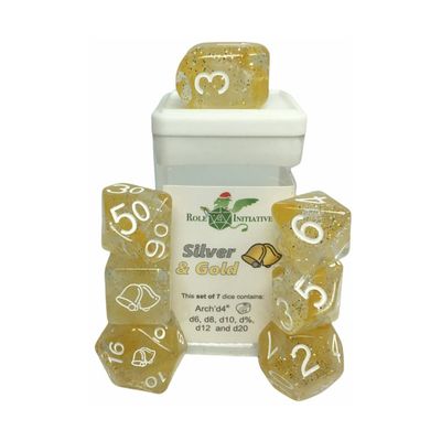 Happy Holi-Dice: Diffusion Silver & Gold - Set of 7 Game dice w/ Arch'd4 and Symbols