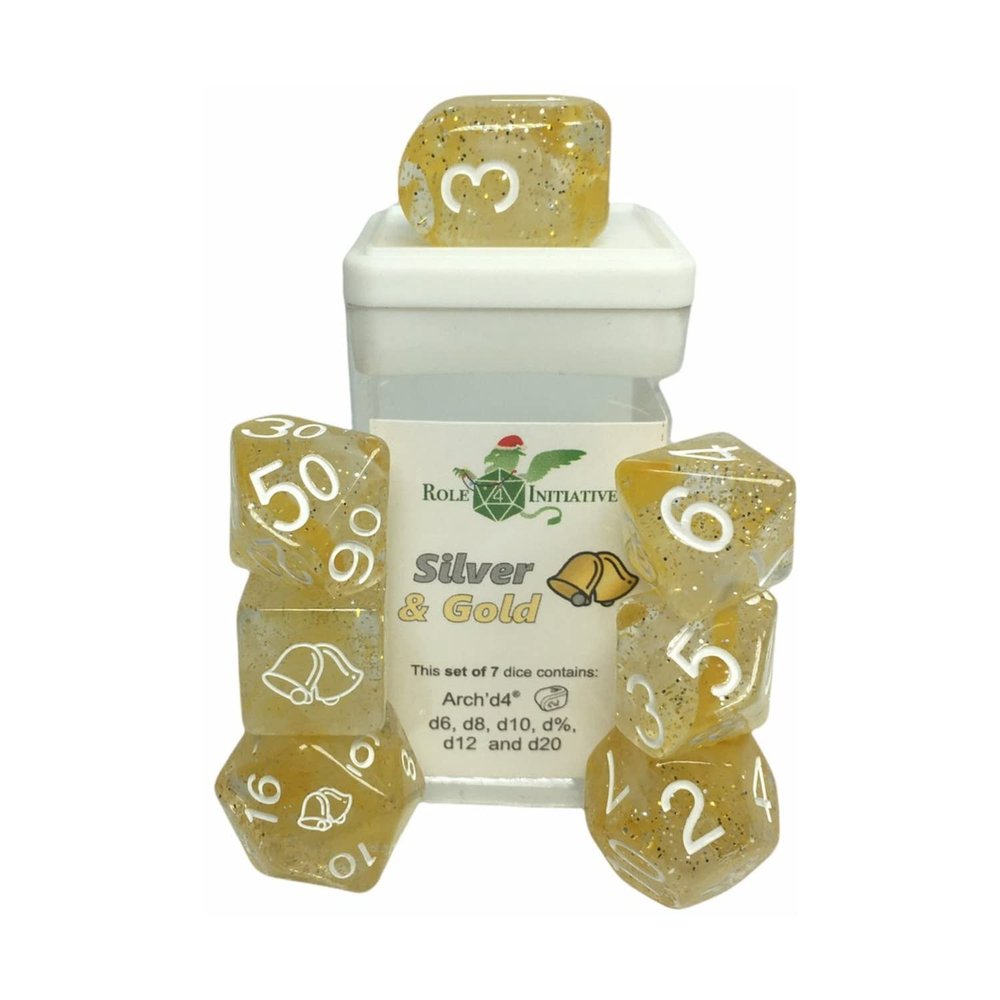 Happy Holi-Dice: Diffusion Silver & Gold - Set of 7 Game dice w/ Arch'd4 and Symbols