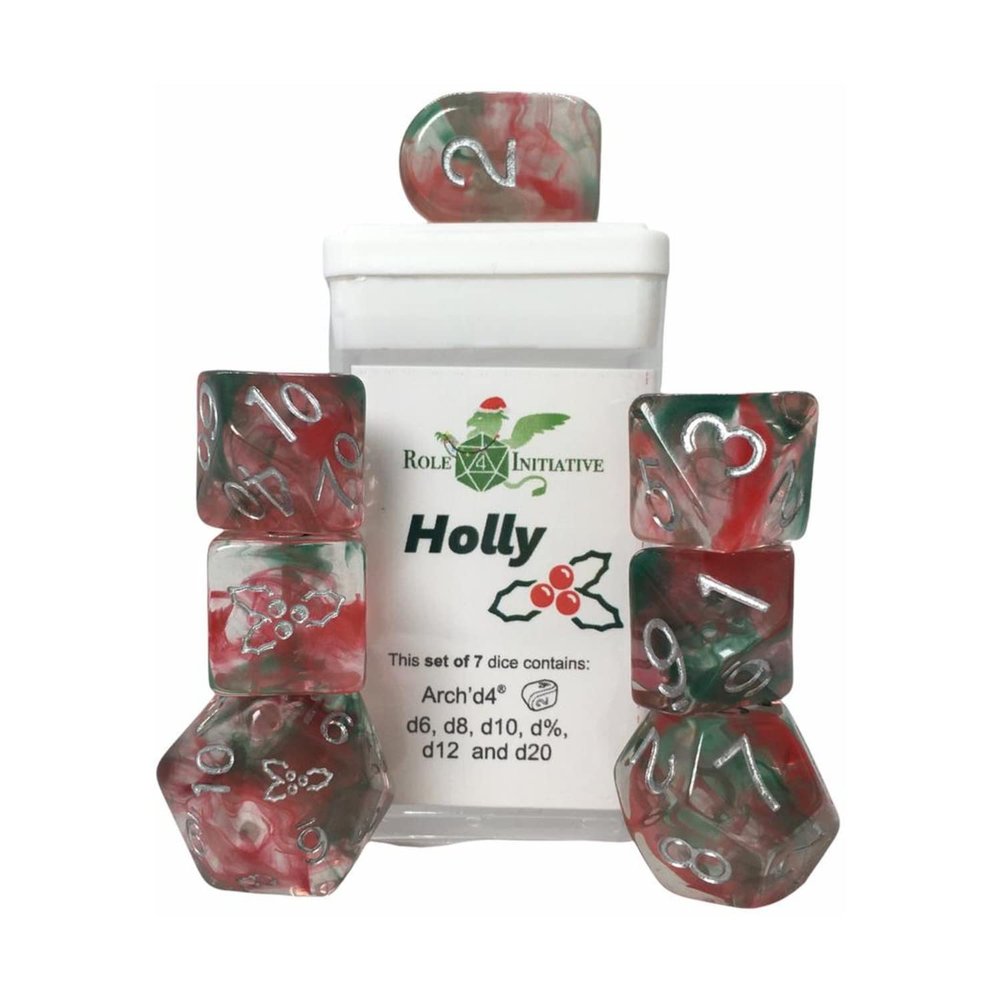 Happy Holi-Dice: Diffusion Holly - Set of 7 Game dice w/Arch'd4 and Symbols