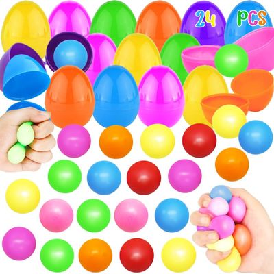 24 Pack Easter Empty Eggs with Slow Rising Stress Balls for Kids Easter Party Favors, Classroom Fidget Toys, Sensory Squishy Ball with Surprise Toys Inside