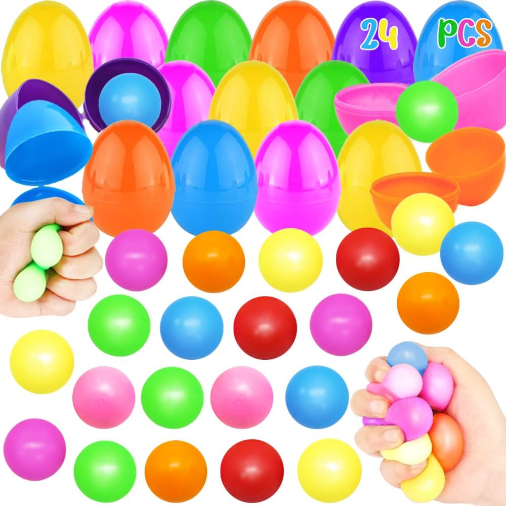 24 Pack Easter Empty Eggs with Slow Rising Stress Balls for Kids Easter Party Favors, Classroom Fidget Toys, Sensory Squishy Ball with Surprise Toys Inside