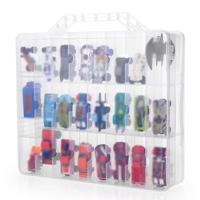 BTSKY Double Sided Toy Storage Organizer with 48 Compartments, Toy Organizer Carrying Case for Hot Wheels Car, Matchbox Cars, Mini Toys, Small Dolls, and more Mini Cars Collection(Clear)