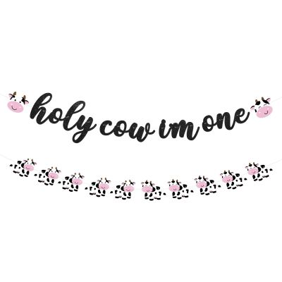 2 Pcs Holy Cow I'm One Birthday Decorations First Birthday Banner Pink Black Glitter 1st Photo Banner Decor Farm Animal Theme Cowgirl Party Supplies