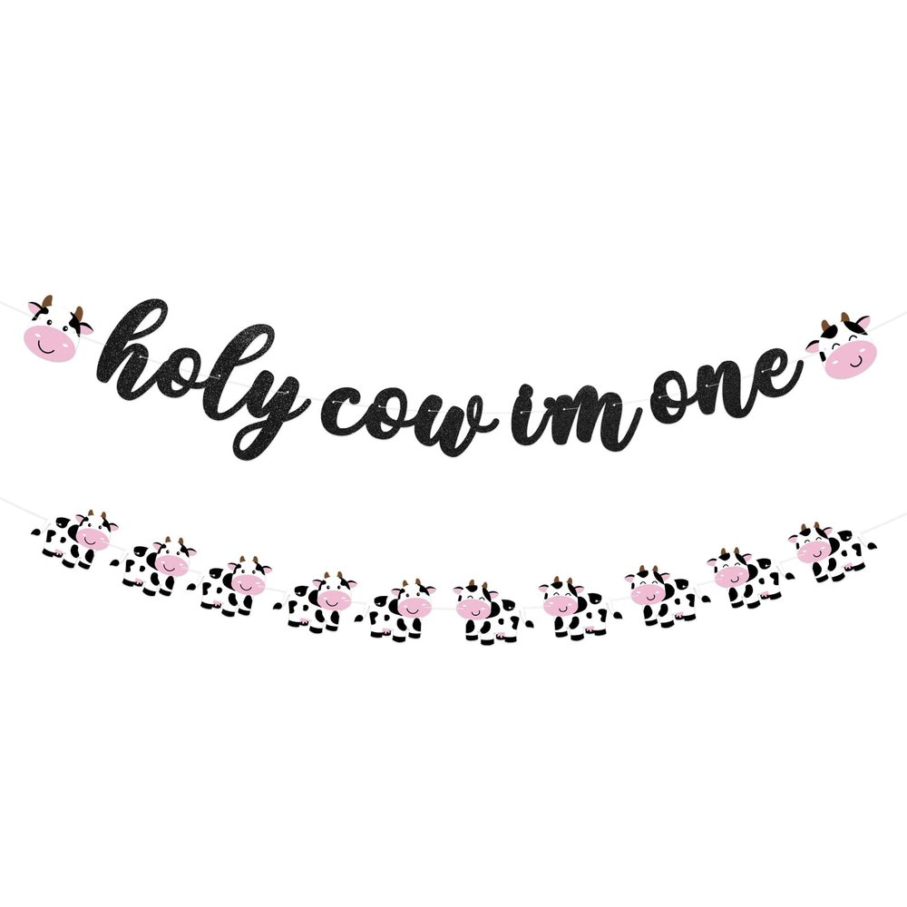 2 Pcs Holy Cow I'm One Birthday Decorations First Birthday Banner Pink Black Glitter 1st Photo Banner Decor Farm Animal Theme Cowgirl Party Supplies