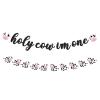 2 Pcs Holy Cow I'm One Birthday Decorations First Birthday Banner Pink Black Glitter 1st Photo Banner Decor Farm Animal Theme Cowgirl Party Supplies view 1