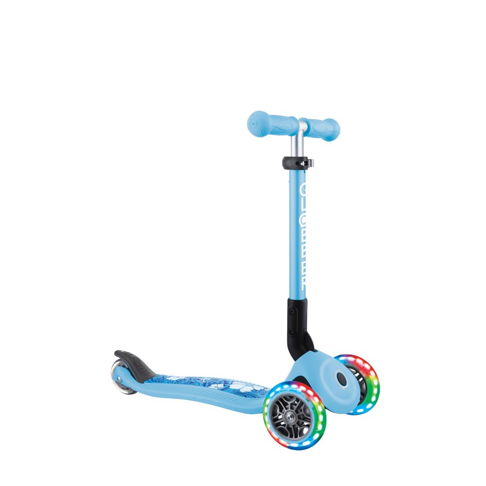 GLOBBER Junior Foldable Fantasy Lights  120/80 mm ABEC 5 Scooter with 3 Wheels, LED Wheels, Pastel Blue