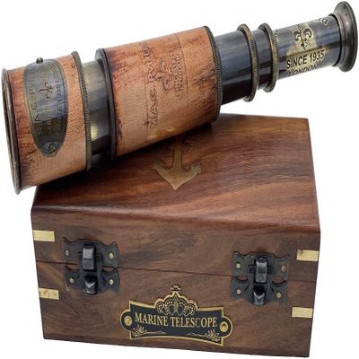 Handheld Brass Telescope Maritime Sailors Masterpiece with Wooden Box Pirate Spyglass