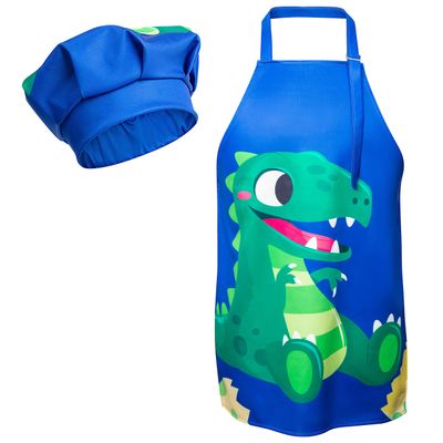 R HORSE 2 Pcs Kids Aprons Chef Hat Sets Adjustable Blue Cute Dinosaur Kitchen Aprons Cooking Baking Painting and Training Kits Dress up Role Play Chef Toy Kid Funny Cooking Gift New Year(3-5 Years)