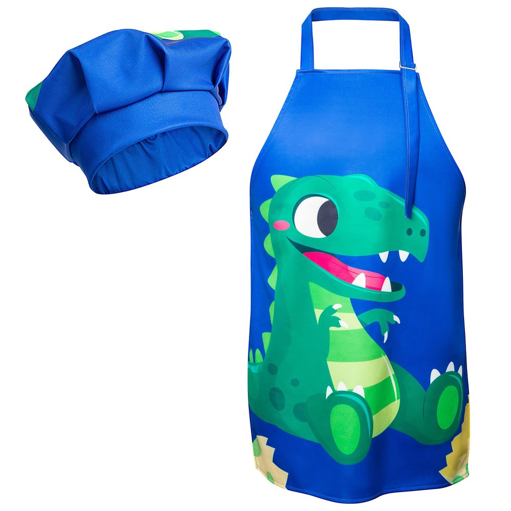 R HORSE 2 Pcs Kids Aprons Chef Hat Sets Adjustable Blue Cute Dinosaur Kitchen Aprons Cooking Baking Painting and Training Kits Dress up Role Play Chef Toy Kid Funny Cooking Gift New Year(3-5 Years)
