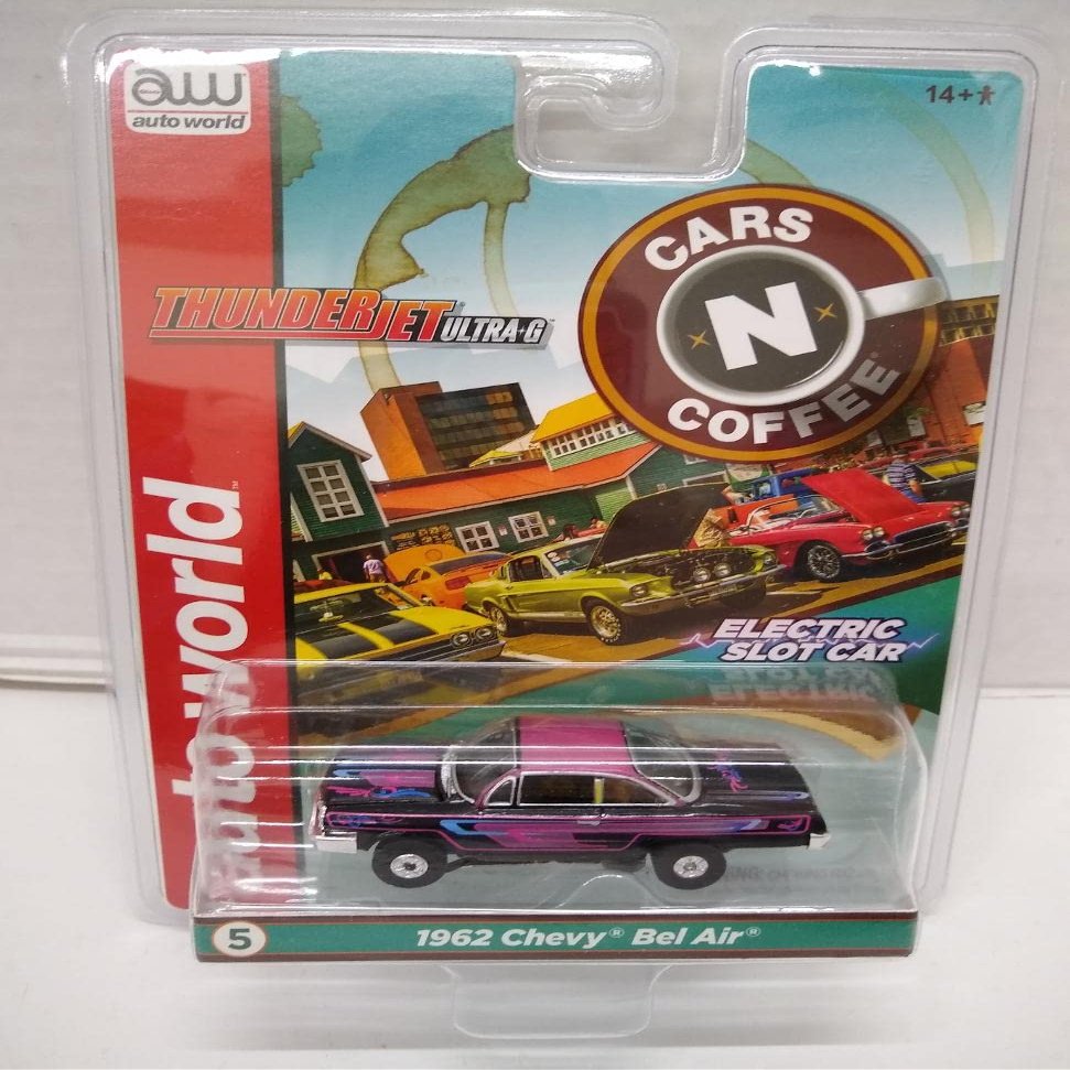 Auto World SC360-5 Cars N Coffee 1962 Bel Air HO Scale Electric Slot Car - Black with Magenta and Purple Graphics