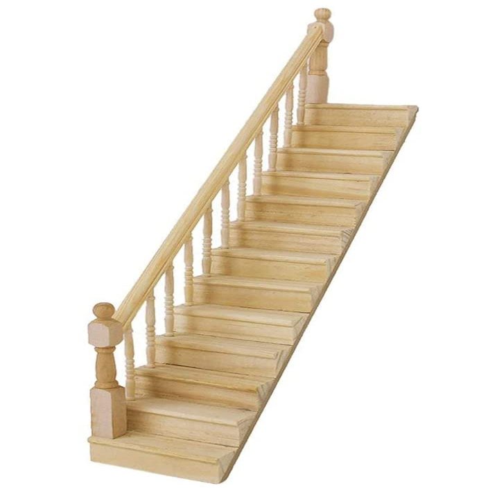 Miniature Stairs 1:12 Scale Dollhouse Furniture Wooden Handrail DIY Unpainted Staircase Dollhouse Accessories Pre-Assembled Steps Model (Left-Handrail)