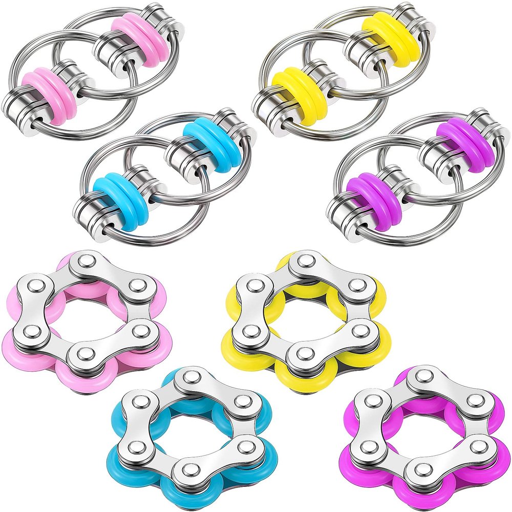 Hicarer 8 Pieces Fidget Toys Set Includes 4 Flippy Roller Chain and 4 Six Roller Bike Chain Toys Gifts for Adults in Learning Help(Purple, Pink, Yellow, Light Blue)