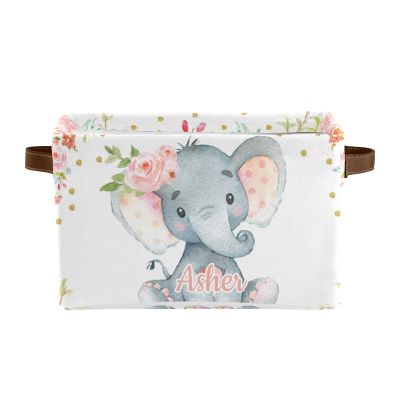 Deven Chic Pink Flower Elephant Personalized Large Storage Baskets for Organizing Shelves with Handle,Closet Decorative Storage Bins for Toy, Bathroom,Nursery,Home 1 Pack
