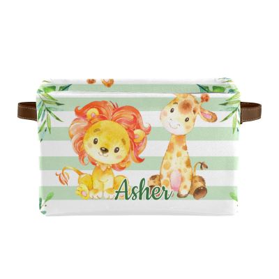 Green Leaves Lion and Deer Personalized Large Storage Baskets for Organizing Shelves with Handle,Closet Decorative Storage Bins for Toy, Bathroom,Nursery,Home 4 Pack