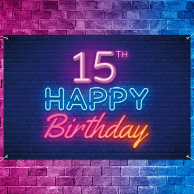 5665 Glow Neon Happy 15th Birthday Backdrop Banner Decor Black,Colorful Glowing 15 Years Old Birthday Party Theme Decorations for Boys Girls Supplies