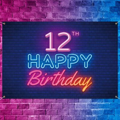 5665 Glow Neon Happy 12th Birthday Backdrop Banner Decor Black Colorful Glowing 12 Years Old Birthday Party Theme Decorations for Boys Girls Supplies