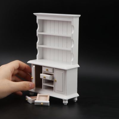 1:12 Scale Miniature Cupboard Bookshelf Classic Wooden Mini Storage Hutch Kitchen Dollhouse Bookshelf Wood Cabinet 1:12 Furniture Display Showcase Decoration Sideboard Accessories (White)
