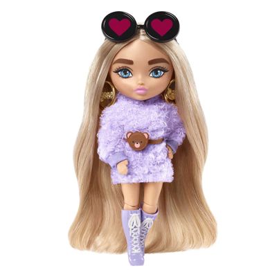 Barbie Extra Minis Doll #4 (5.5 in) Wearing Fluffy Purple Fashion, with Doll Stand & Accessories Including Teddy Ears and Sunglasses, Gift for Kids 3 Years Old & Up