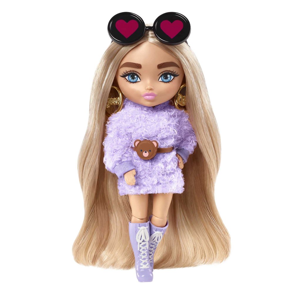 Barbie Extra Minis Doll #4 (5.5 in) Wearing Fluffy Purple Fashion, with Doll Stand & Accessories Including Teddy Ears and Sunglasses, Gift for Kids 3 Years Old & Up