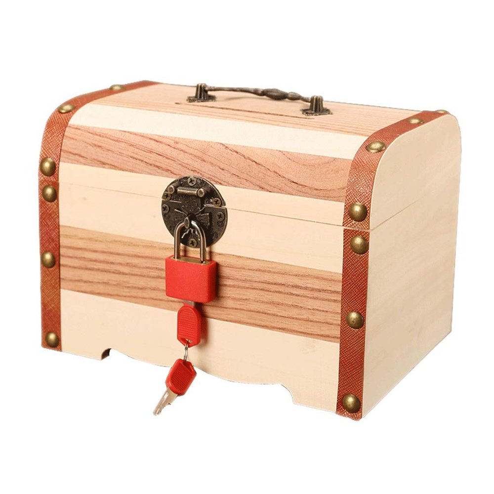 KKNH Coin Bank Solid Wood Children's Piggy Bank Large Capacity with Brass Lock Storage Box Adult Money Box for Christmas and New Year Gifts for Boys and Girls (Size : L 20cm)