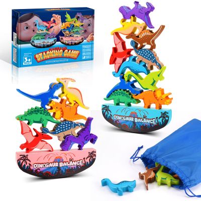 IPOURUP Dinosaur Toys for Kids 3-5: Wooden Stacking Montessori Toys for 3 4 5 6 7 Year Old Balance Competition Game for Family Ideal Christmas Birthday Gifts for Kids Ages 3-7 (Double Version)