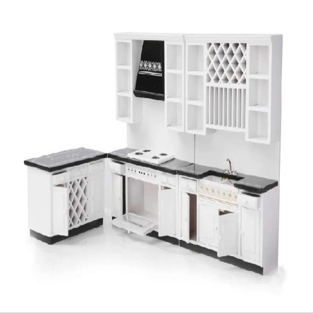 Dollhouse Kitchen Set Miniature Furniture of Dining Room Kitchen Kit 1/12 Scale Wooden Dollhouse Accessories (Style B)