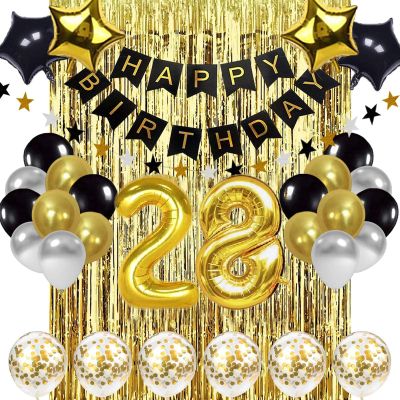 28th Birthday Decorations - Black & Gold, Happy Birthday Banner, Number 28 Balloons, 28 Years Old Decoration Supplies