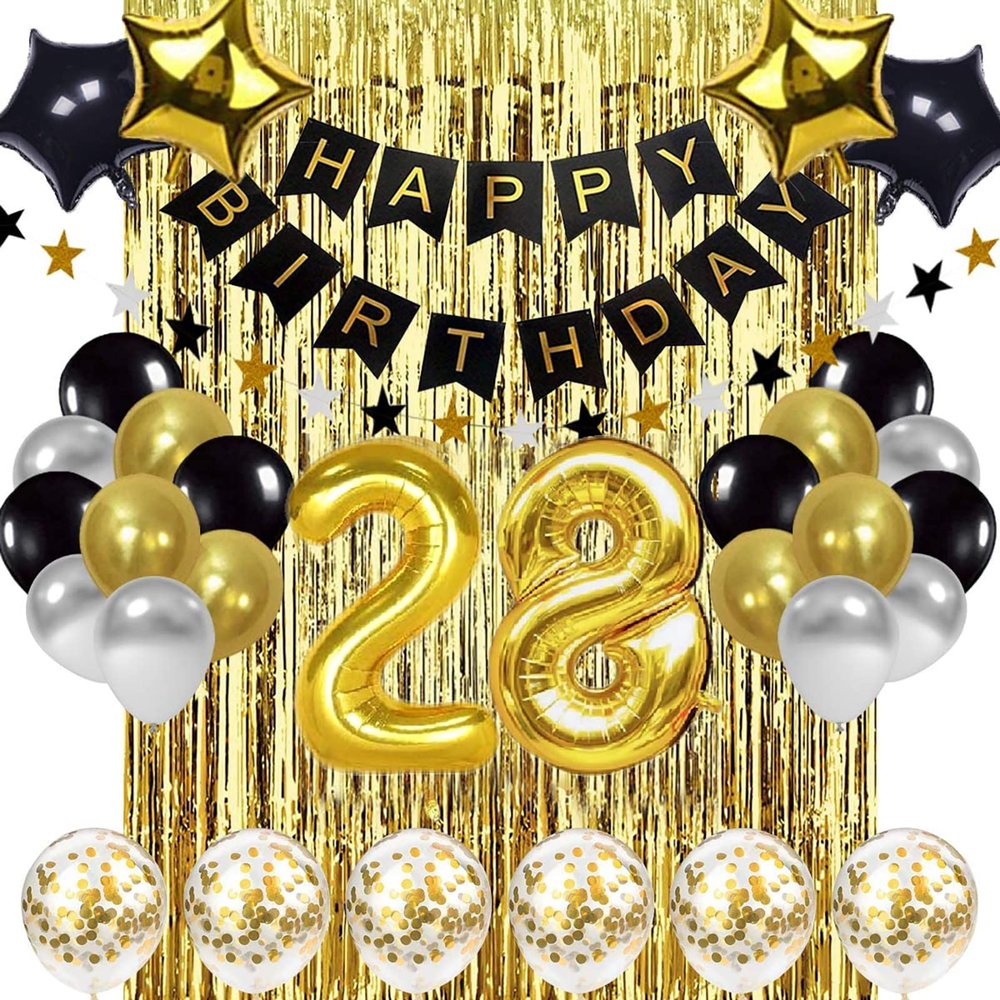 28th Birthday Decorations - Black & Gold, Happy Birthday Banner, Number 28 Balloons, 28 Years Old Decoration Supplies