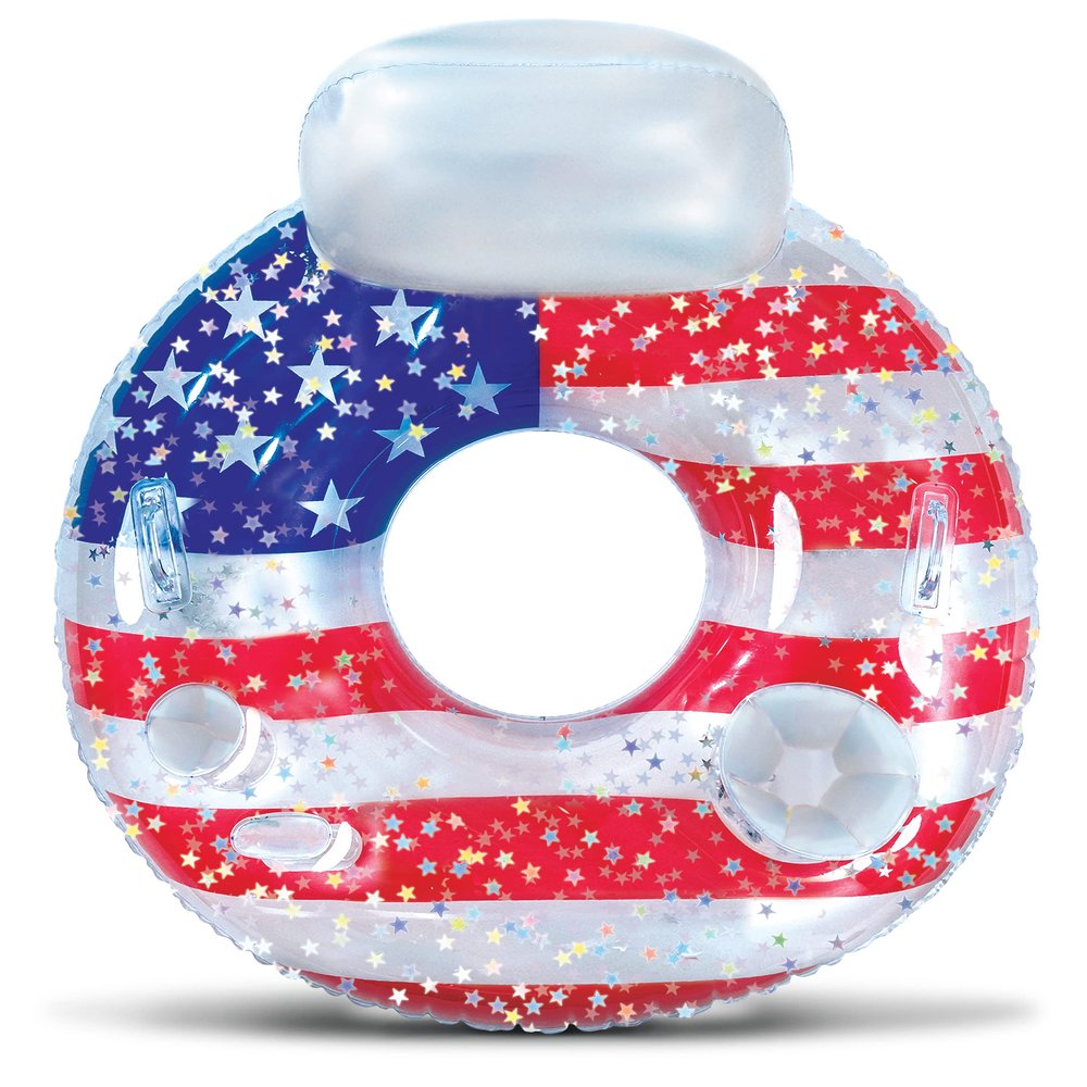 POZA USA Flag Inflatable Luxury Tube with Back Rest - Big Luxurious Lounger Pool Float Tube Filled with Sparkle Confetti, Built in Phone Holder, Cup Holders, and Handles, Premium Thick Ring - 42 Inch