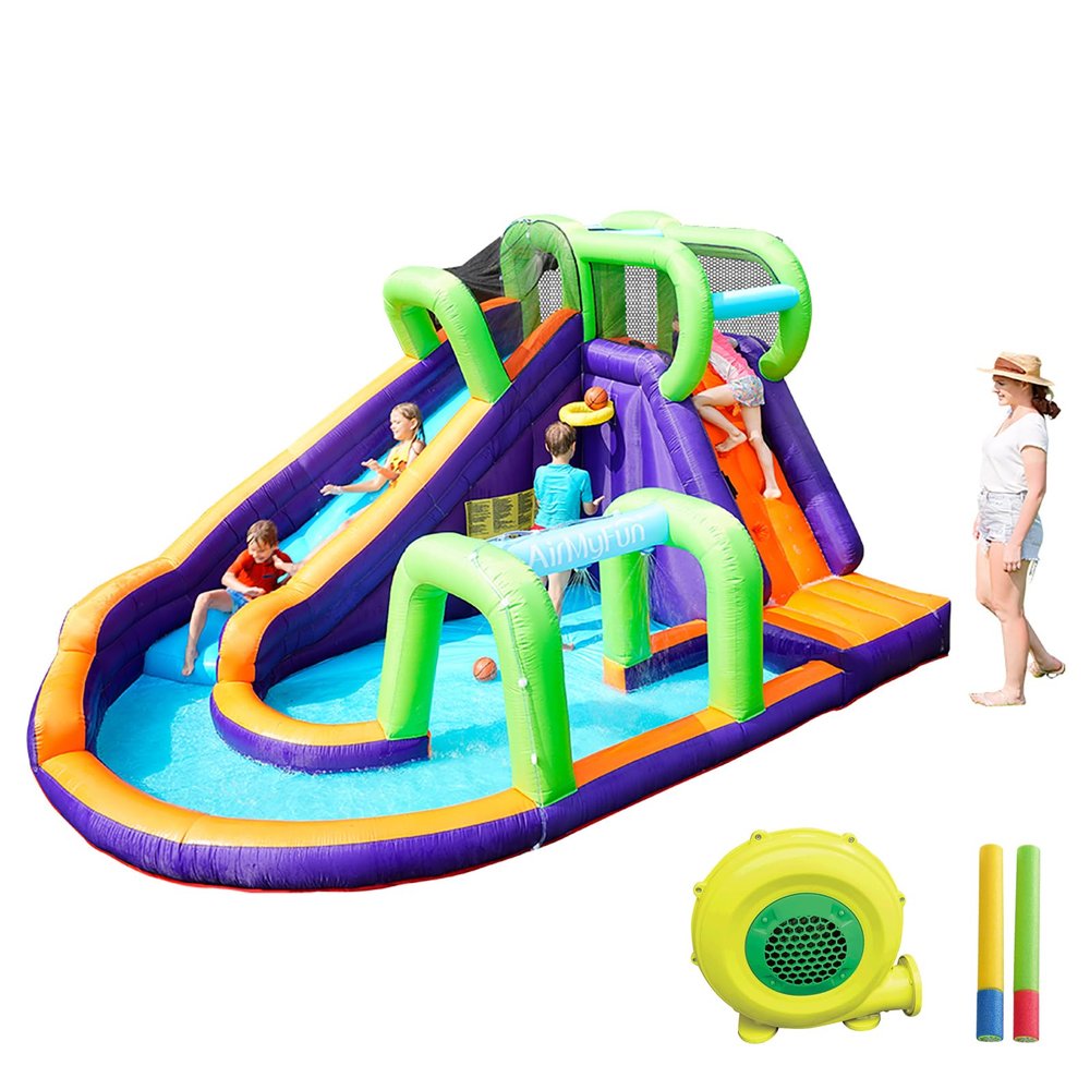 AirMyFun Water Bounce House Inflatable Bounce House for Kids with Blower. Family Backyard Bouncy Castle with Fun Doorway Tunnel, Climbing Wall, Long Safe Return Curved Slide and Ball Shooting